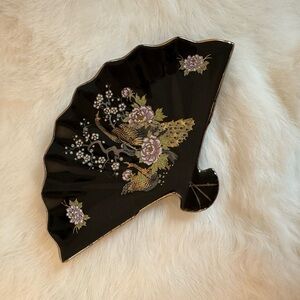 Vintage Black Fan-Shaped Decorative Plate with Floral Design